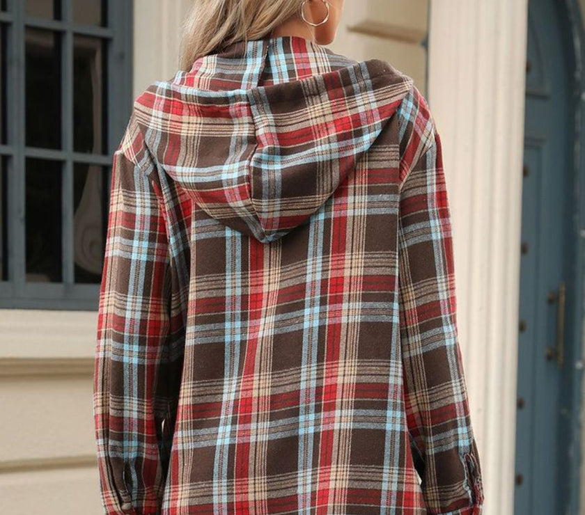 Drawstring Plaid Hooded Long Sleeve Top