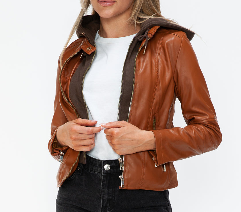 Snobbish Faux Leather Zip Up Drawstring Hooded Jacket