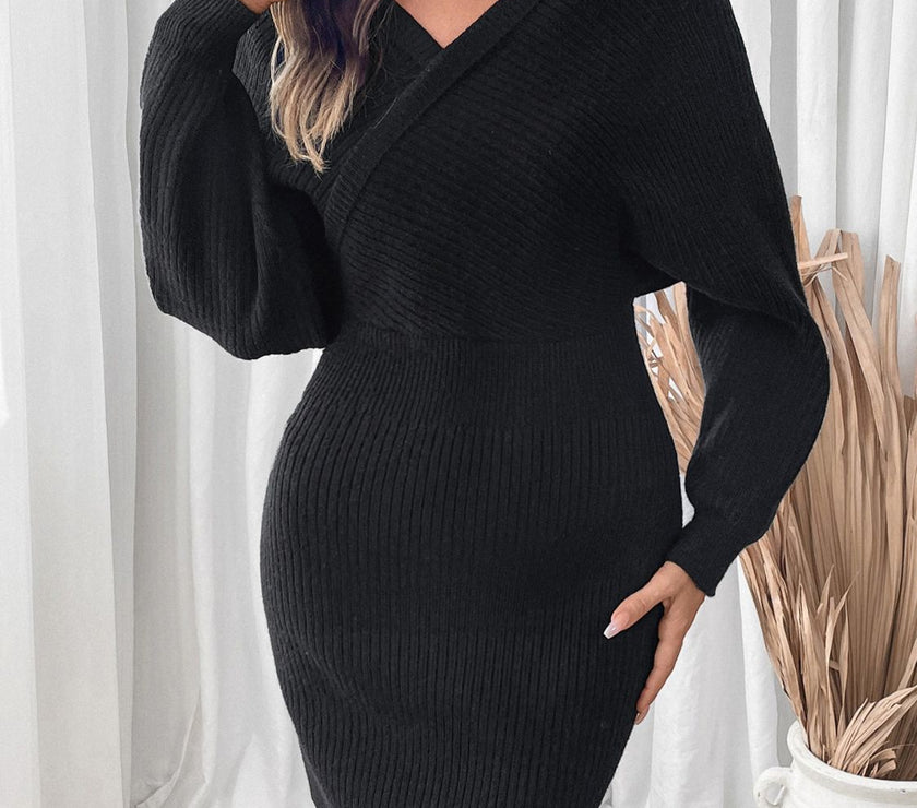 Perfee Surplice Long Sleeve Sweater Dress