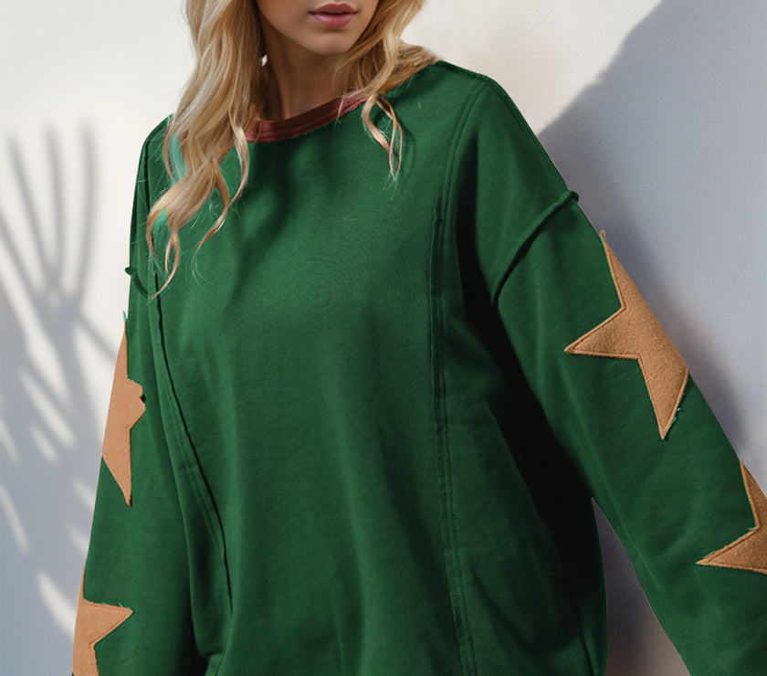 Double Take Star Patched Long Sleeve Sweatshirt