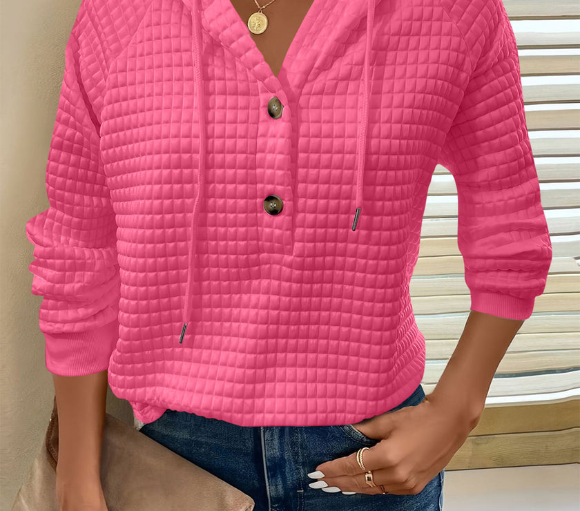 Full Size Texture Button Detail Drawstring Long Sleeve Hoodie