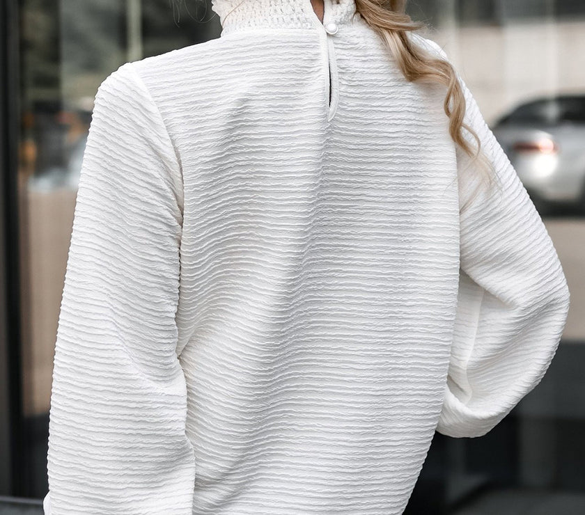 Smocked Frill Mock Neck Long Sleeve Blouse