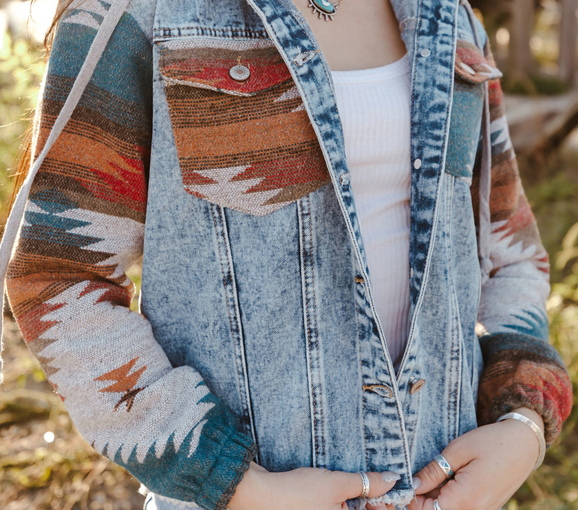 Multicolor Aztec Print Frayed Hem Denim Jacket