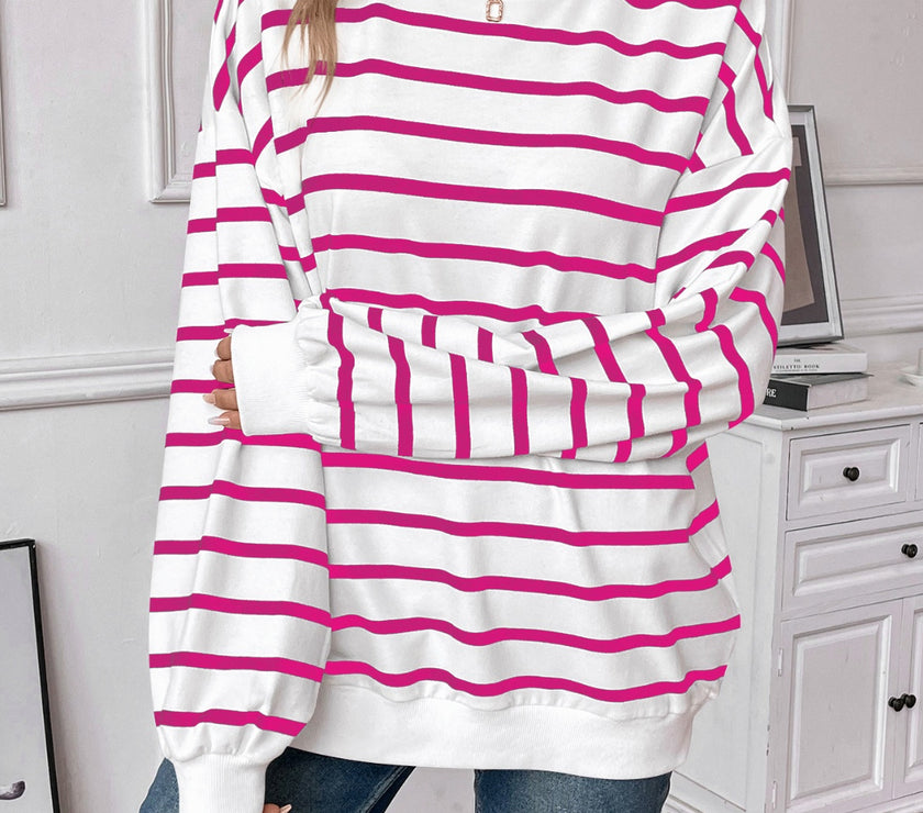 Lovelet Striped Round Neck Long Sleeve Sweatshirt