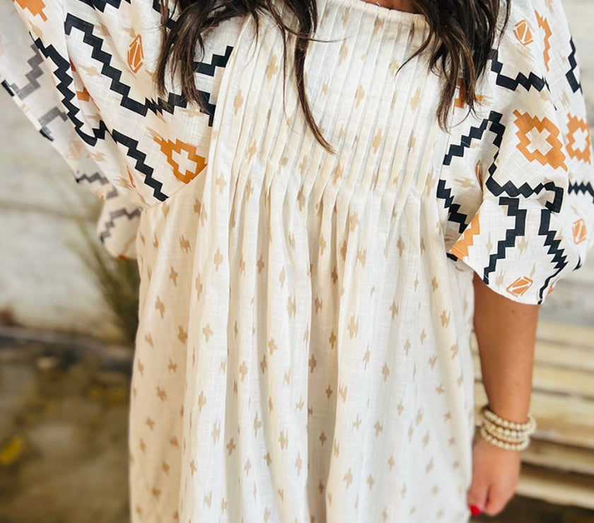 Geometric Square Neck Half Sleeve Mini Dress