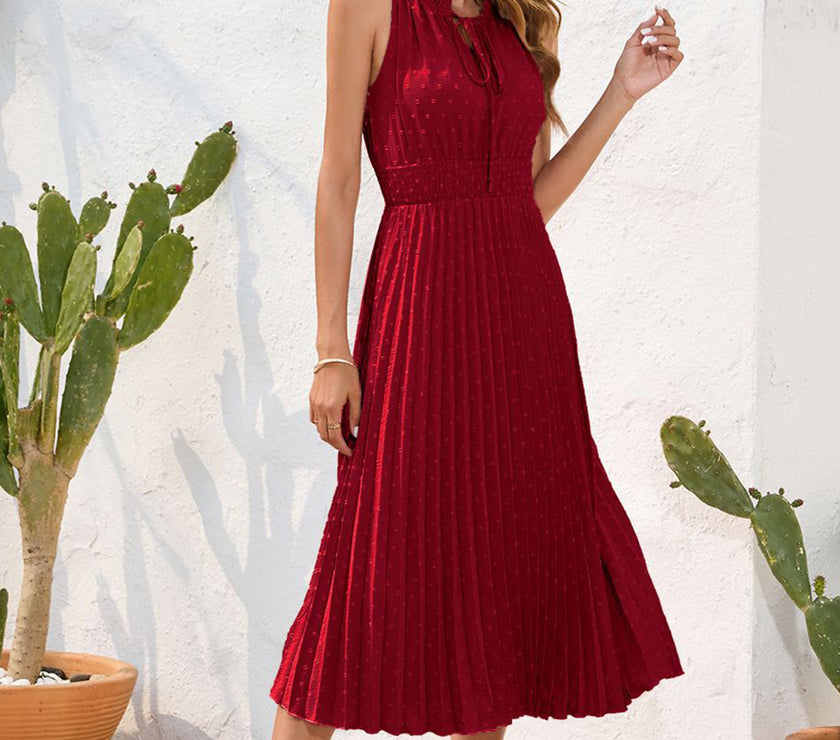 Swiss Dot Tie Neck Sleeveless Dress