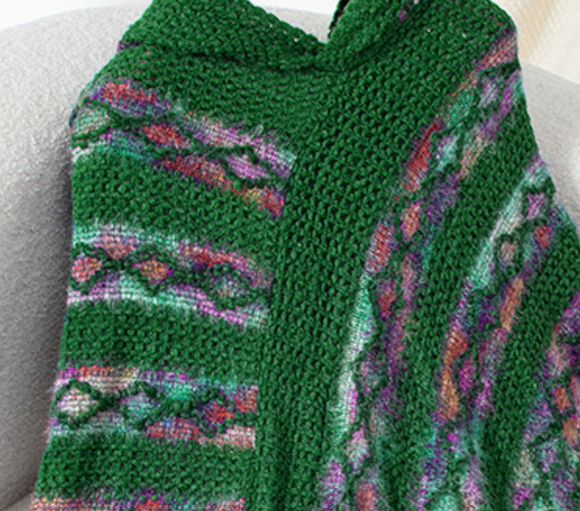 Fringe Contrast Hooded Poncho