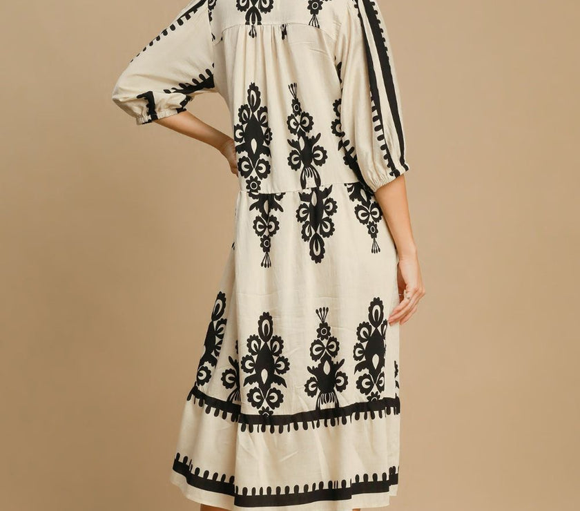 Umgee Printed Notched Midi Dress
