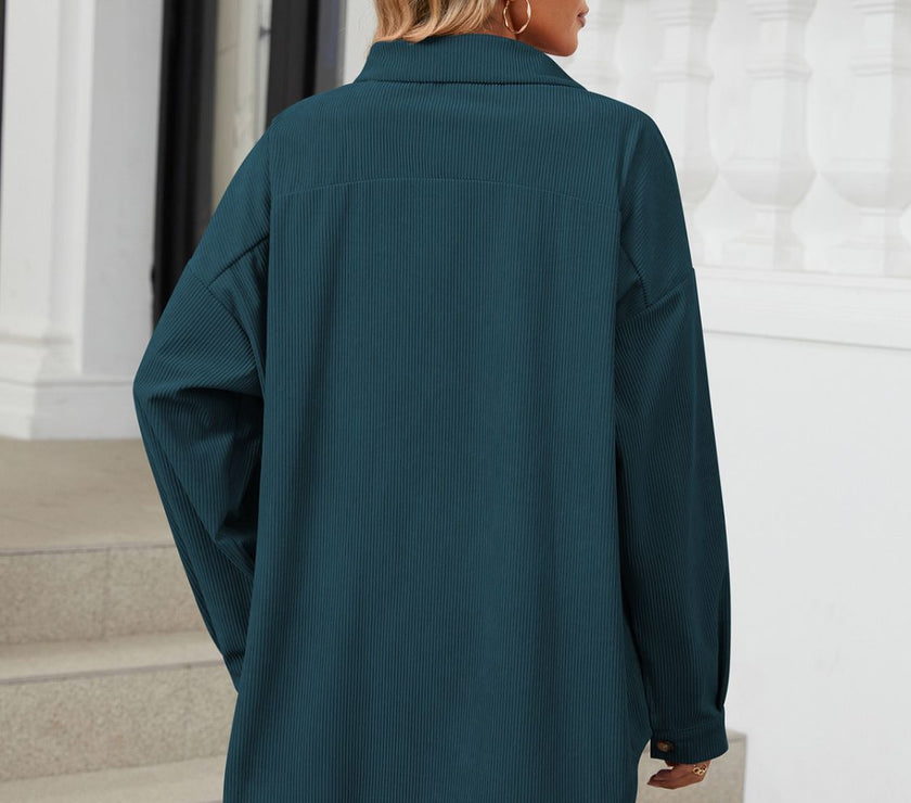 Collared Neck Long Sleeve Dropped Shoulder Shirt