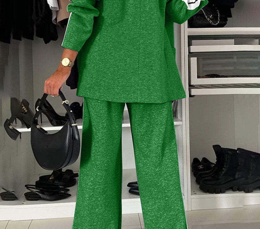 Full Size Contrast Lapel Collar Top and Pants Set