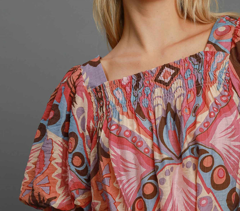 Umgee Full Size Abstract Print Smocked Square Neck Puff Sleeve Blouse