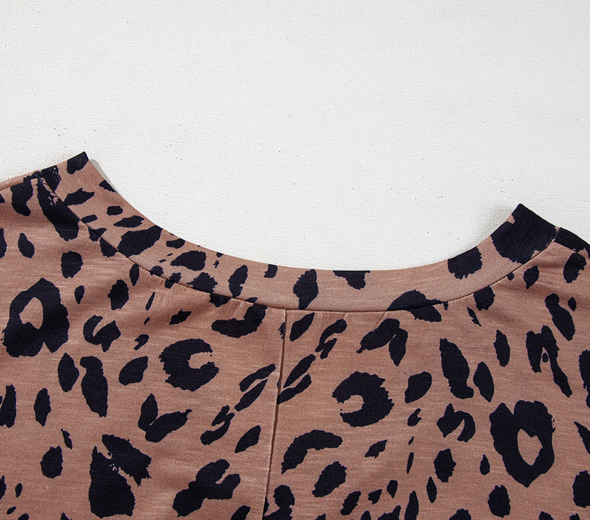 Brown Leopard Print V Neck Half Sleeve Oversized Tee