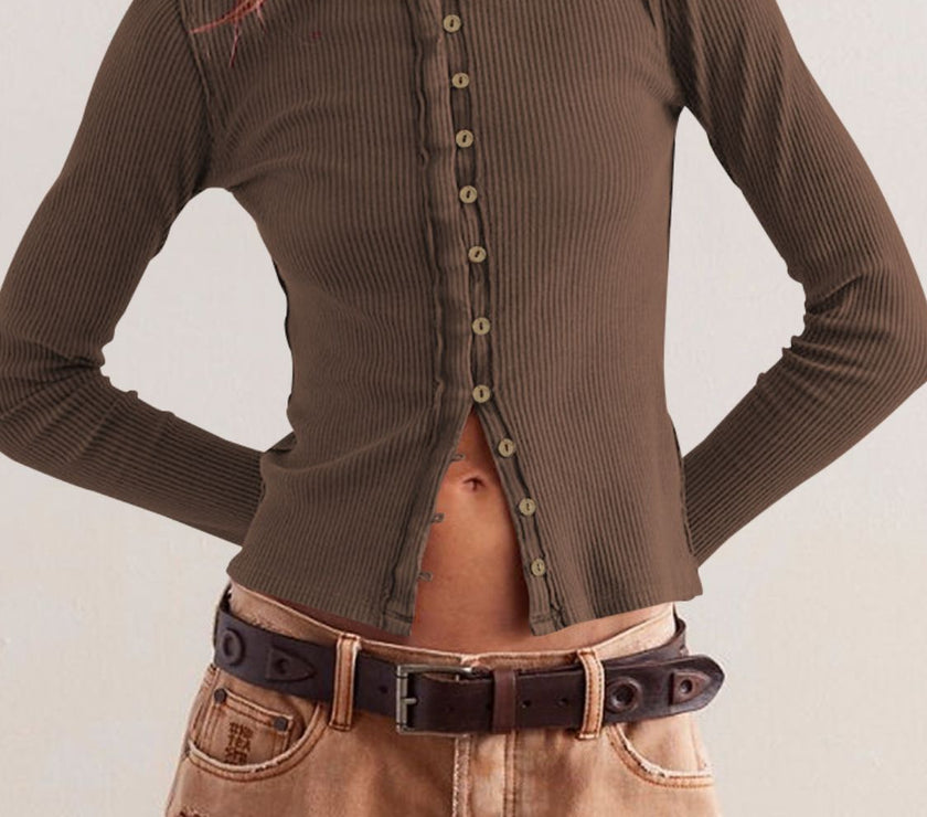 Ribbed Round Neck Long Sleeve Top