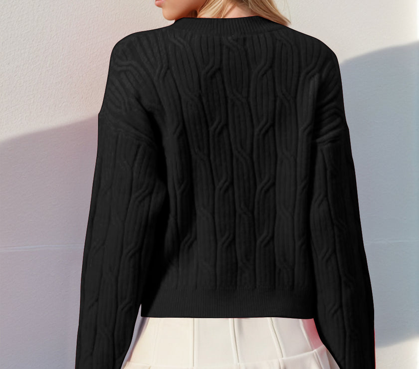 Double Take Full Size Bow Cable-Knit Round Neck Sweater