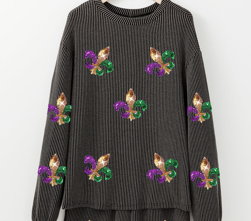 Carbon Grey Mardi Gras Fleur de Lis Patched Corded Long Sleeve Top and Shorts