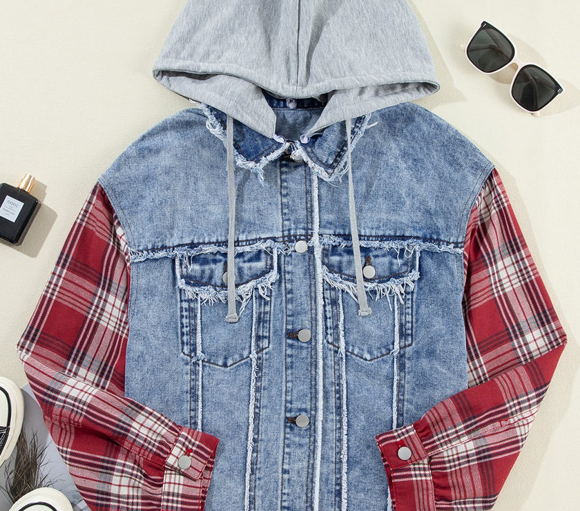 Raw Hem Drawstring Plaid Denim Jacket