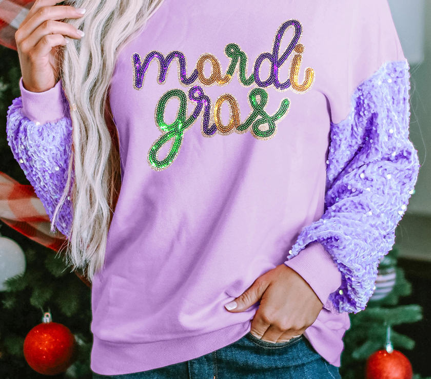 Orchid Petal mardi gras Graphic Sequin Patchwork Long Sleeve Top