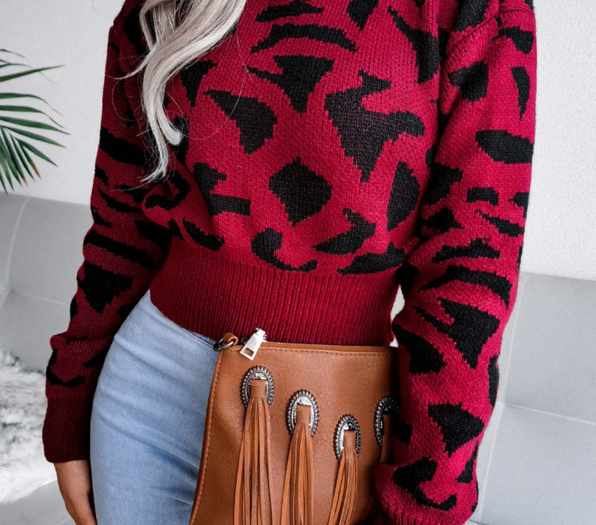 Leopard Round Neck Dropped Shoulder Sweater