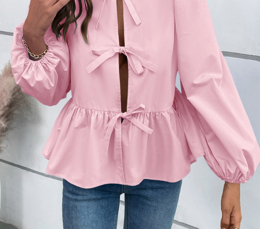 Ivy Lane Peplum Tied Long Sleeve Blouse