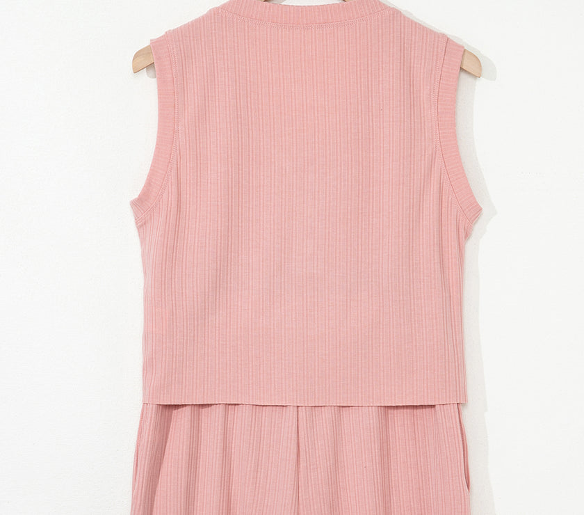 Gossamer Pink Ribbed Button V Neck Tank Top and Shorts Set