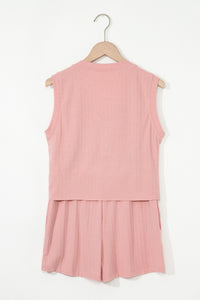 Gossamer Pink Ribbed Button V Neck Tank Top and Shorts Set