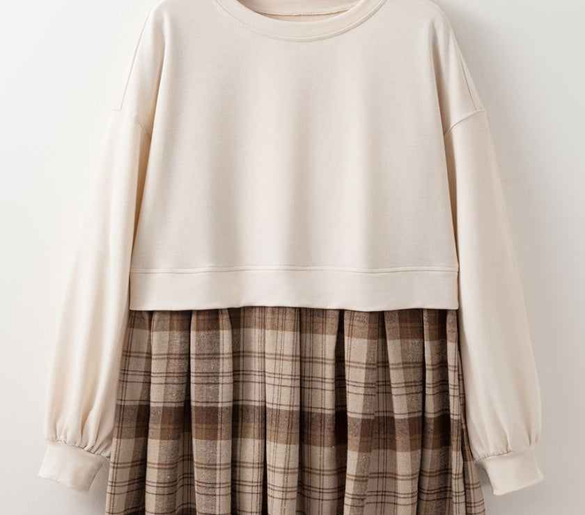 Plaid Round Neck Long Sleeve Mini Dress