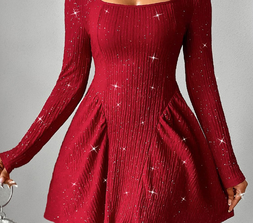 Backless Glitter Square Neck Long Sleeve Mini Dress