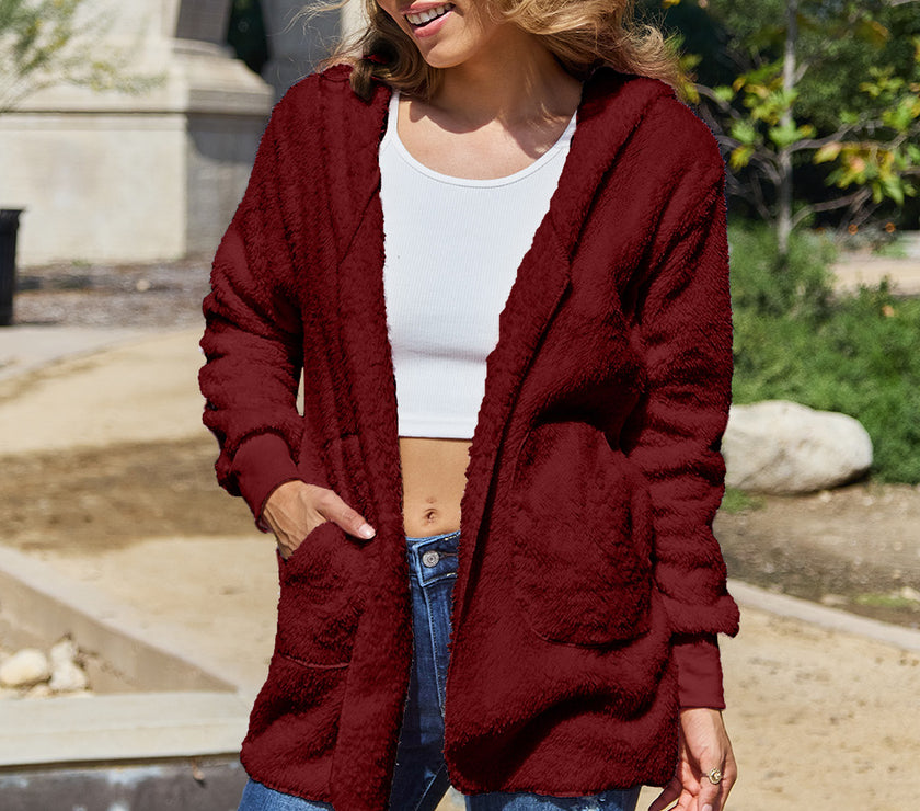 Full Size Teddy Hooded Jacket with Pockets