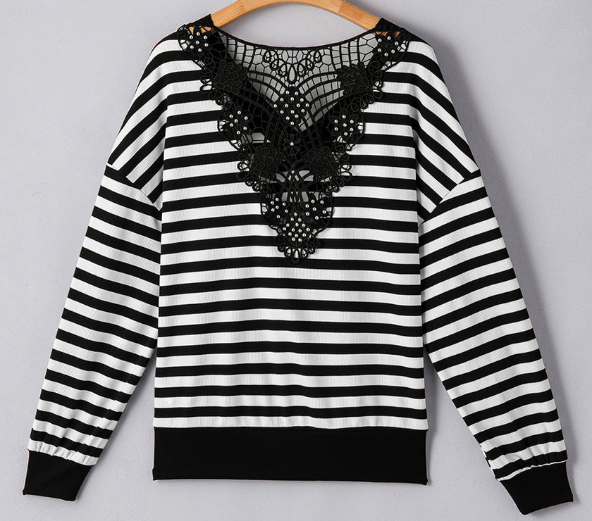Striped Lace Detail V Neck Top