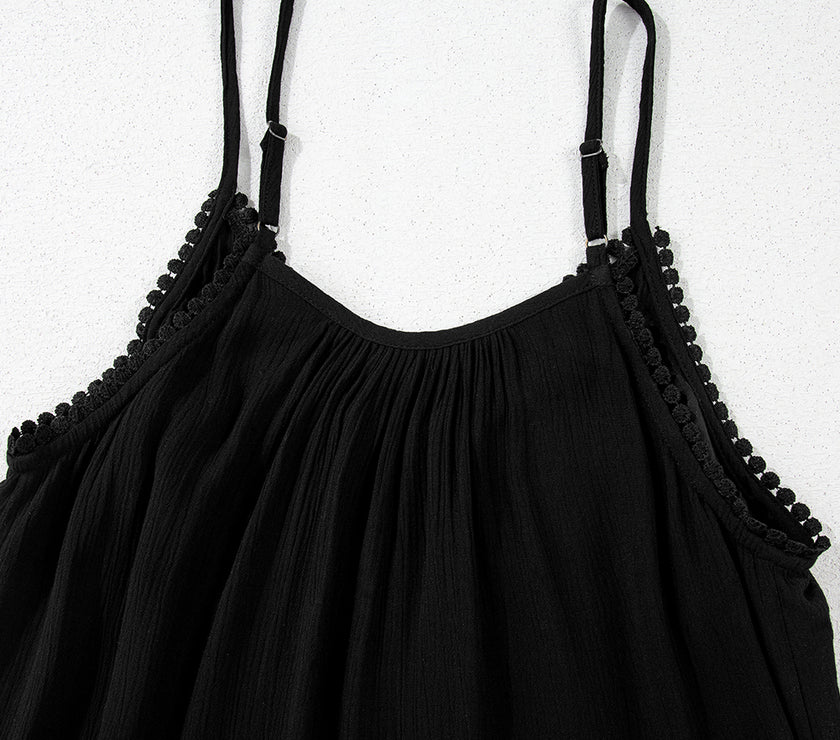 Black Floral Embroidery Ruffled Spaghetti Straps Tank Top