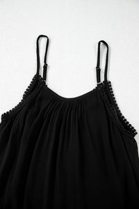 Black Floral Embroidery Ruffled Spaghetti Straps Tank Top