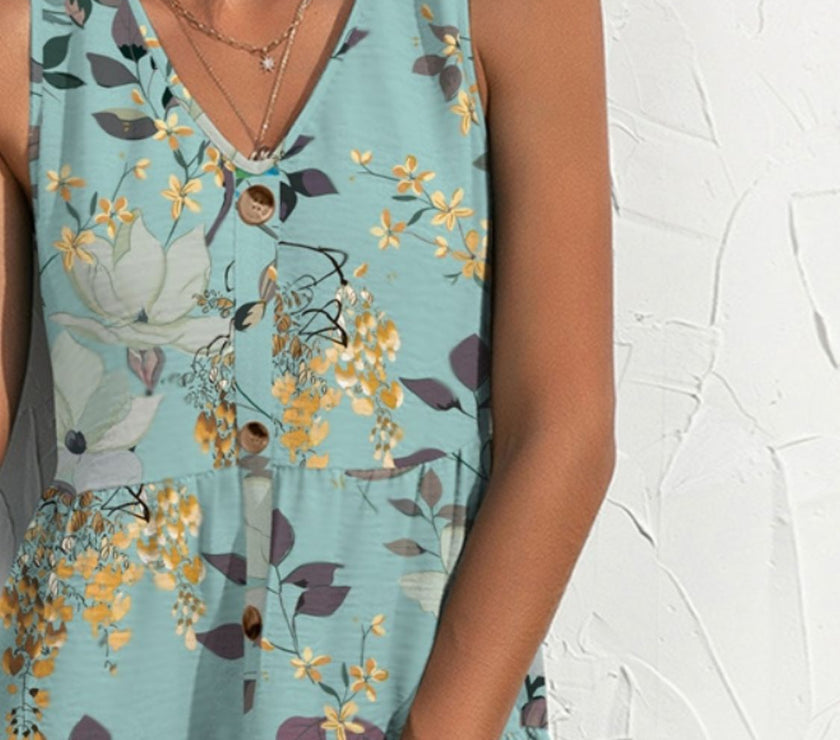 FAM-FAM Printed V-Neck Sleeveless Mini Dress