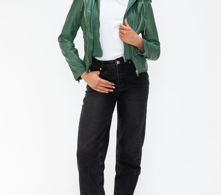 Snobbish Faux Leather Zip Up Drawstring Hooded Jacket