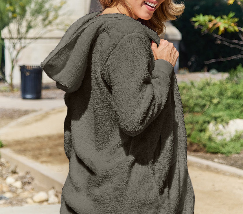 Double Take Full Size Hooded Teddy Bear Jacket with Thumbholes