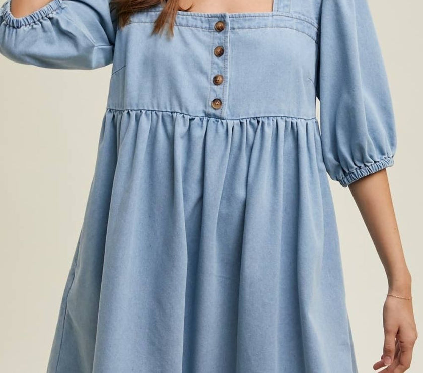 Square Neck Half Sleeve Denim Dress