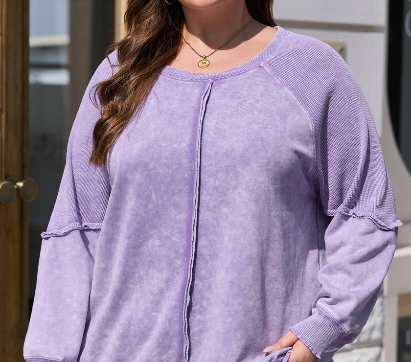 Orchid Petal Textured Patchwork Frilled Trim Plus Size Pullover Sweatshirt