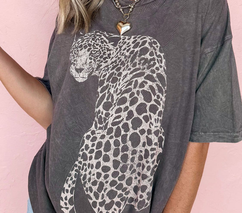 Cheetah Mineral Wash Round Neck Half Sleeve T-Shirt