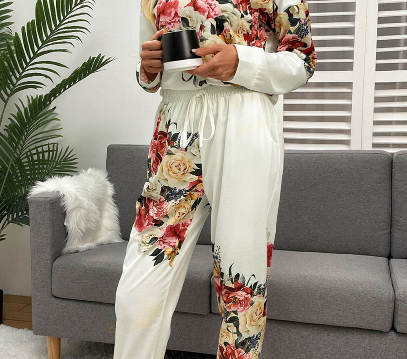 Shiny Printed Round Neck Top and Pants Lounge Set
