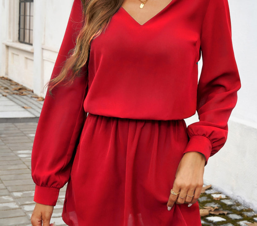 Devine Cutout V-Neck Long Sleeve Mini Dress