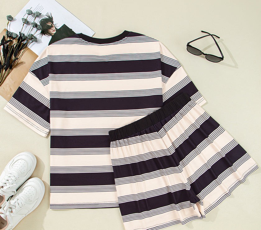 Black Stripe Short Sleeve T Shirt and High Waist Pocketed Shorts Set