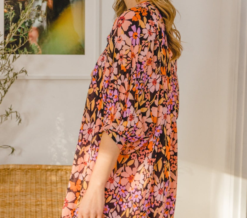 ODDI Full Size Floral Tied Neck Mini Dress