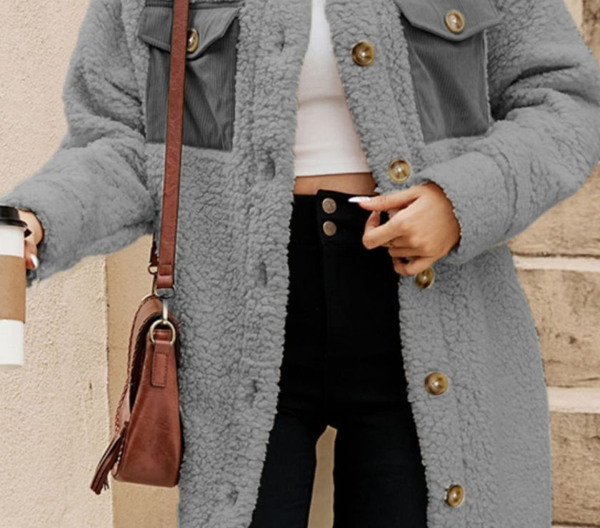 Collared Neck Long Sleeve Longline Teddy Jacket