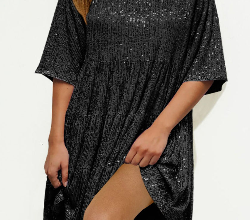 Sequin Round Neck Half Sleeve Mini Dress
