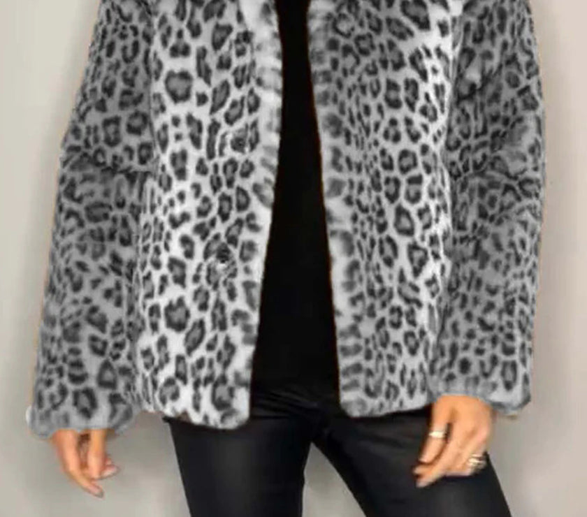 Full Size Leopard Furry Collared Neck Long Sleeve Coat