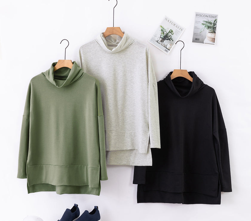 Side Slit High-Low Cowl Neck Long Sleeve Blouse