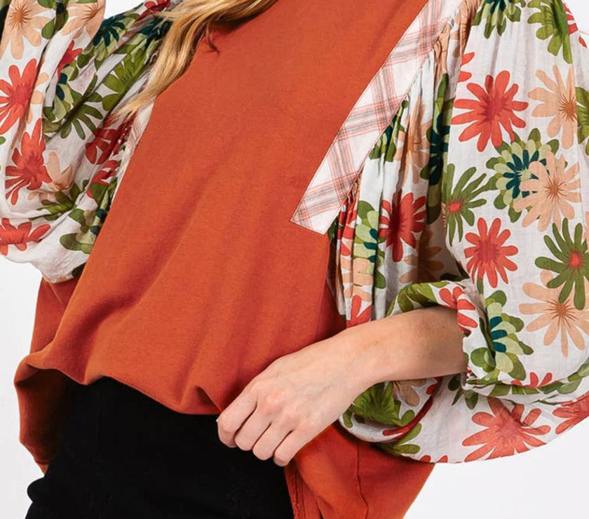 Printed Round Neck Balloon Sleeve Blouse