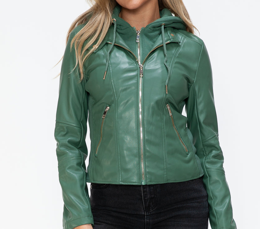 Snobbish Faux Leather Zip Up Drawstring Hooded Jacket