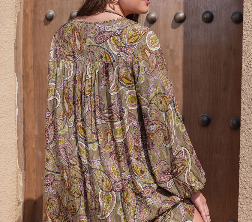 Plus Size Printed V-Neck Long Sleeve Midi Dress