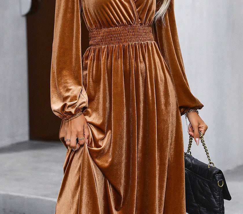 Surplice Balloon Sleeve Smocked Midi Dress