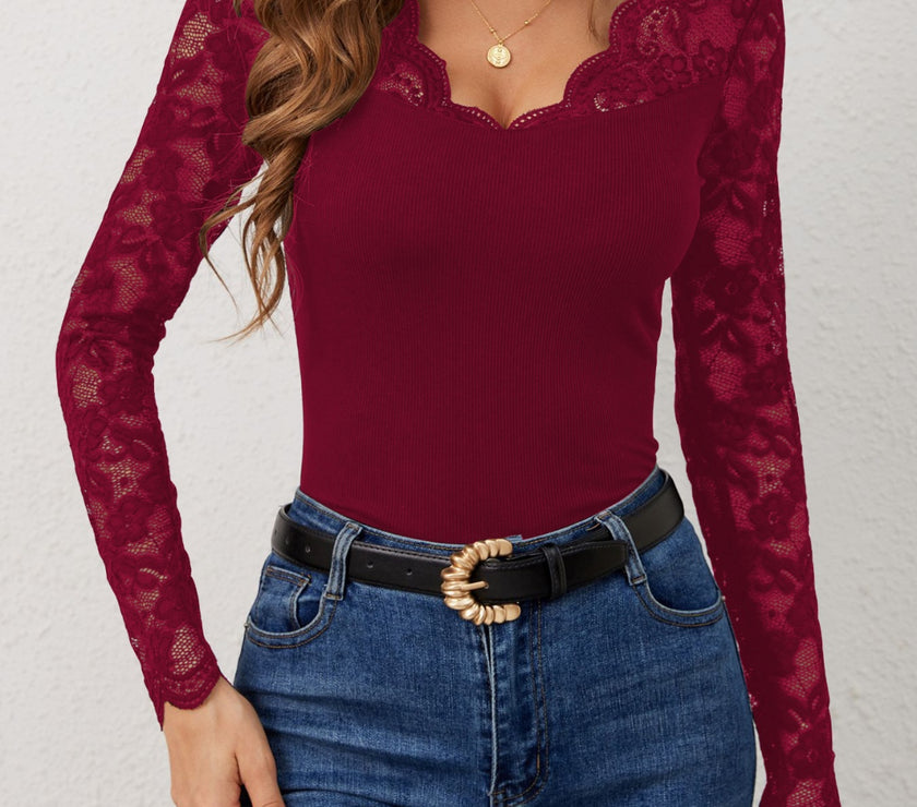 Lace Wavy Hem V-Neck Long Sleeve Top